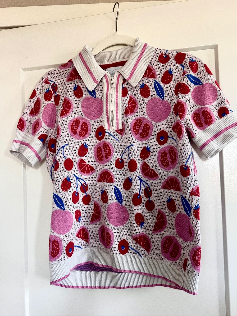 Cynthia Rowley Pink Fruit-Print Polo Knit Top with Red & Blue Accents